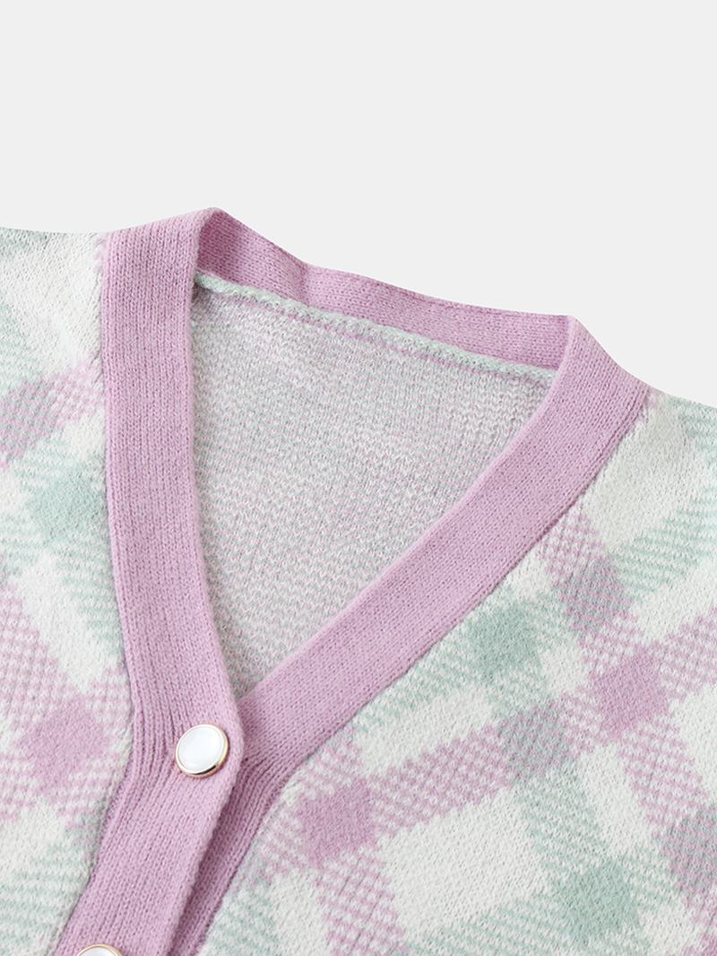 Damski Sweter Z Dzianiny W Kratę Z Elastycznym Mankietem I Kolorowym Blokiem