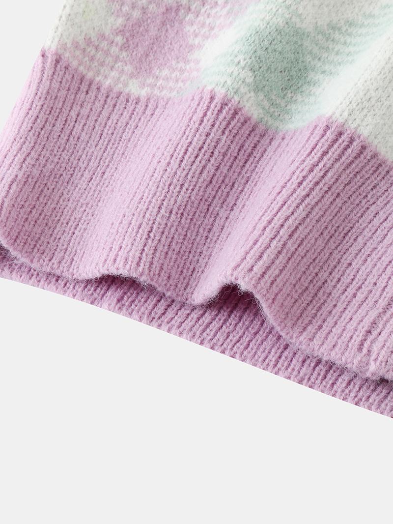 Damski Sweter Z Dzianiny W Kratę Z Elastycznym Mankietem I Kolorowym Blokiem