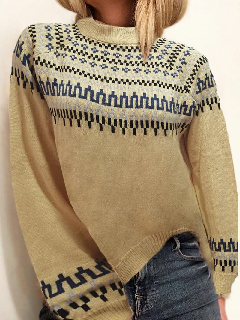 Damski Sweter Z Dzianiny W Stylu Vintage Z Żakardowym Nadrukiem Z Pół Kołnierzem