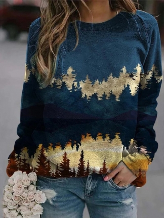 Damski Sweter Z Okrągłym Dekoltem W Krajobraz Z Okrągłym Dekoltem Casual Raglanowe Bluzy Z Rękawami