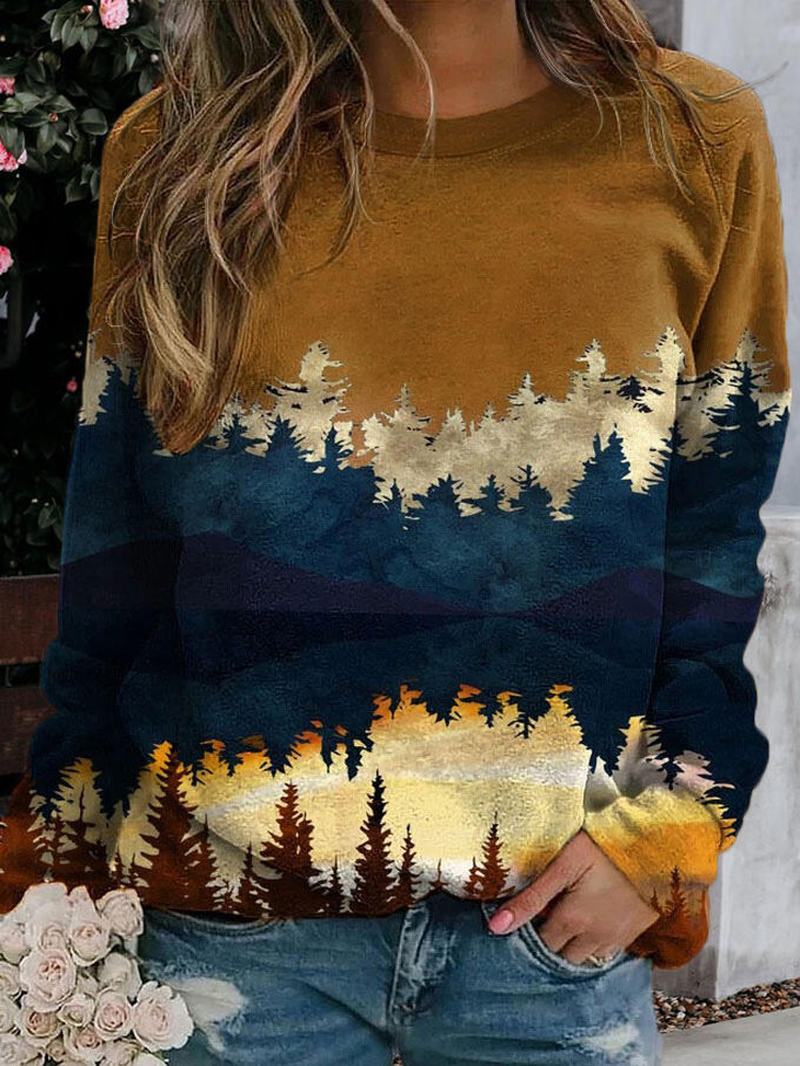 Damski Sweter Z Okrągłym Dekoltem W Krajobraz Z Okrągłym Dekoltem Casual Raglanowe Bluzy Z Rękawami