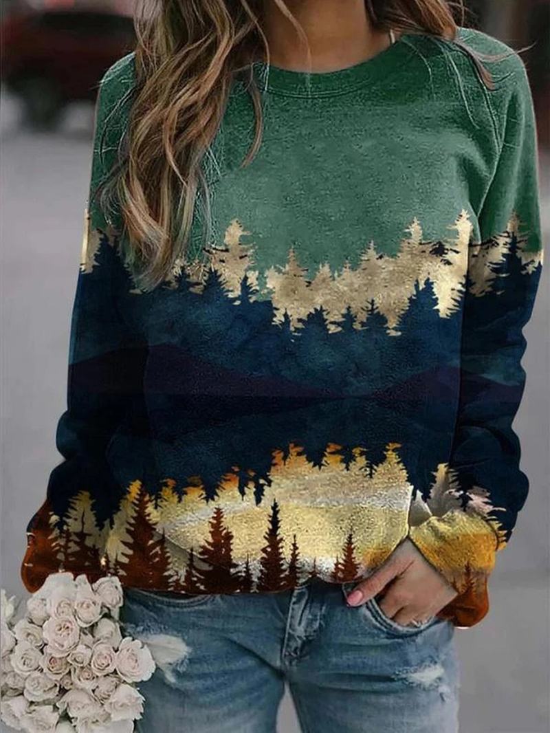 Damski Sweter Z Okrągłym Dekoltem W Krajobraz Z Okrągłym Dekoltem Casual Raglanowe Bluzy Z Rękawami