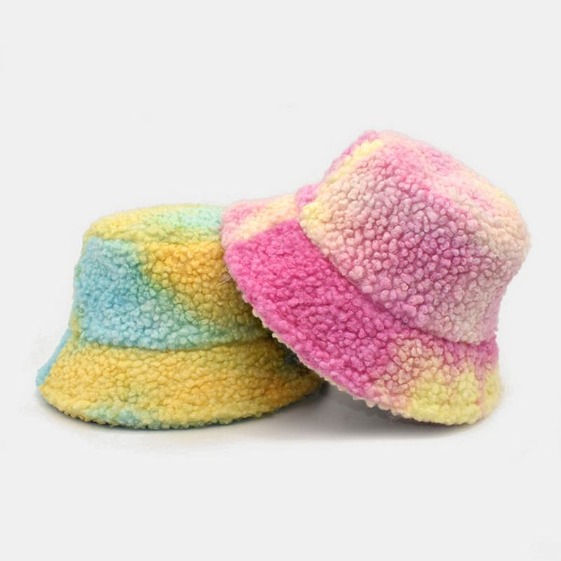 Damski Tie-dye Mix Color Lamb Hair Warm Casual Śliczny Kapelusz Typu Bucket