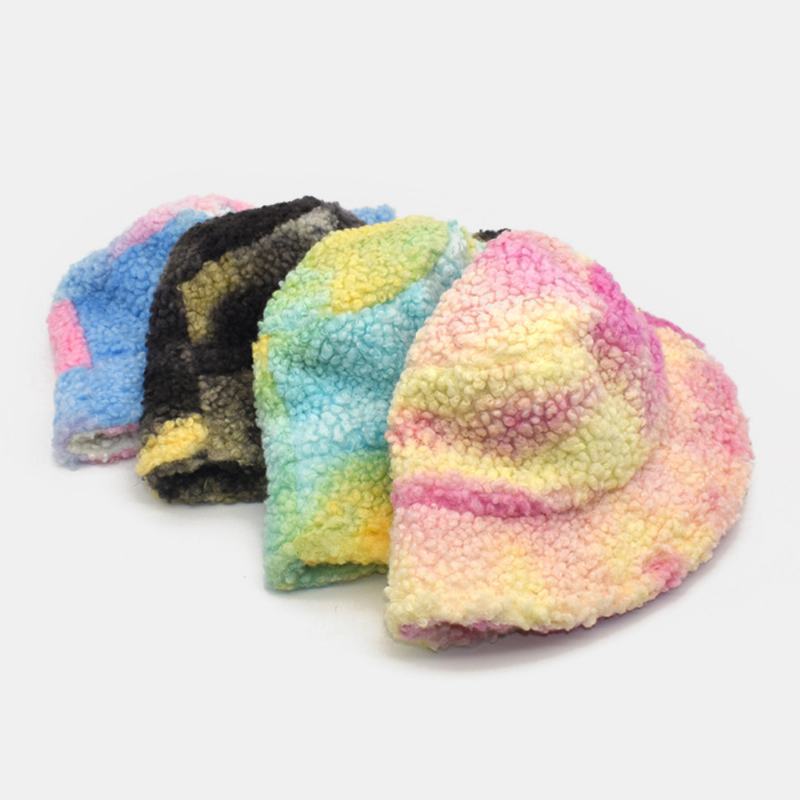 Damski Tie-dye Mix Color Lamb Hair Warm Casual Śliczny Kapelusz Typu Bucket