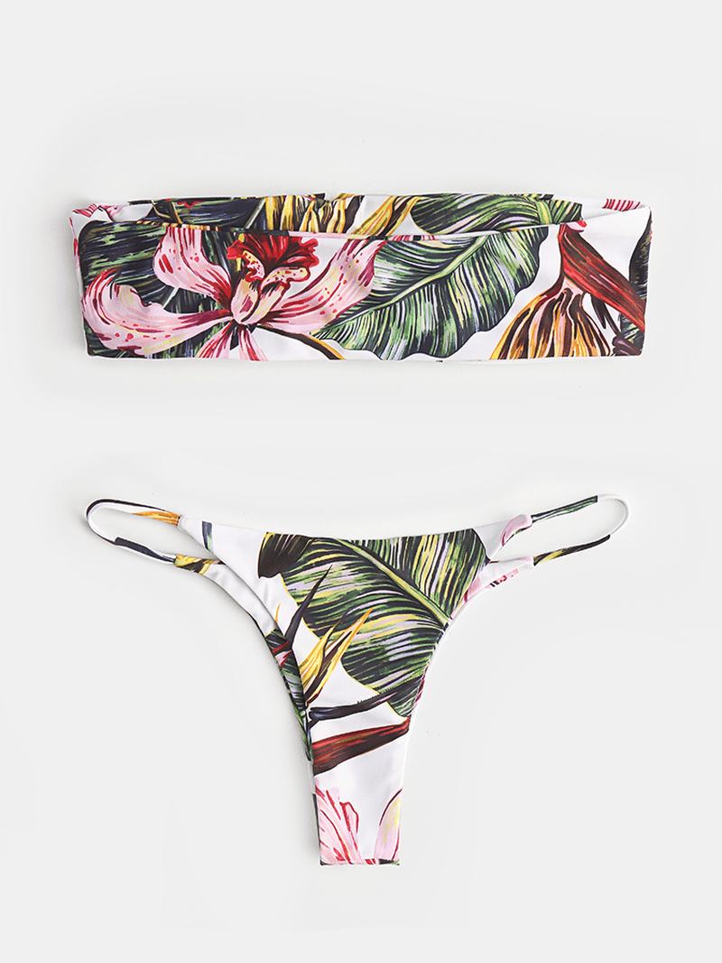 Damski Tropikalny Wzór Bikini Bandeau Stringi Bez Pleców