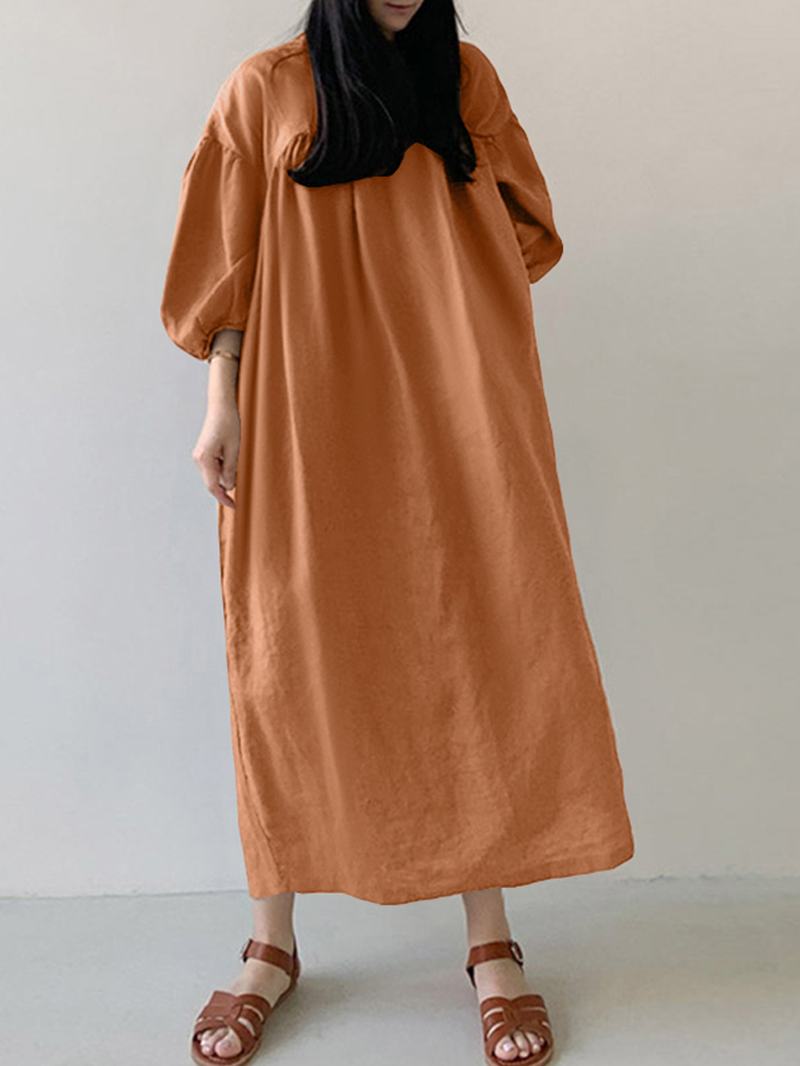 Damskie Bawełniane Plisowane Luźne Sukienki Maxi Z Bufiastymi Rękawami Z Bocznymi Kieszeniami