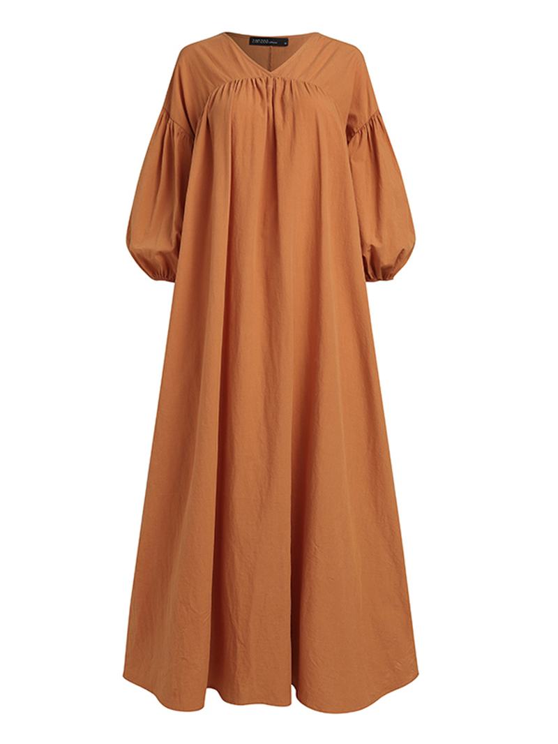 Damskie Bawełniane Plisowane Luźne Sukienki Maxi Z Bufiastymi Rękawami Z Bocznymi Kieszeniami
