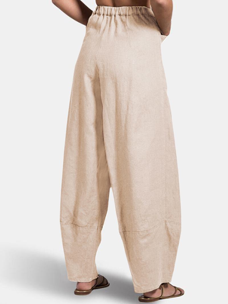 Damskie Bawełniane Spodnie W Jednolitym Kolorze Na Co Dzień Z Wysokim Stanem Z Kieszenią