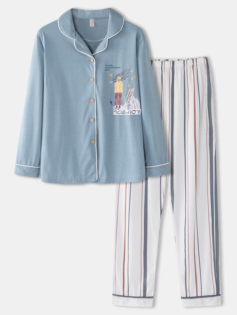 Damskie Bawełniane Spodnie W Paski W Dużych Rozmiarach Z Długim Rękawem Casual Home Piżamy Sets