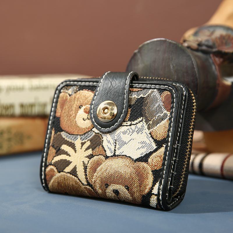 Damskie Bear Pattern 8 Miejsc Na Karty Zipper Purse Short Wallet