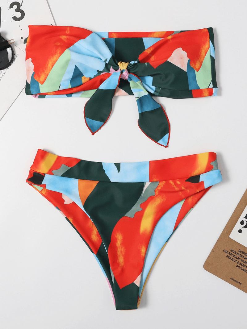 Damskie Bikini Bez Ramiączek Z Kolorowym Nadrukiem Z Wiązaniem Z Przodu I Stringami
