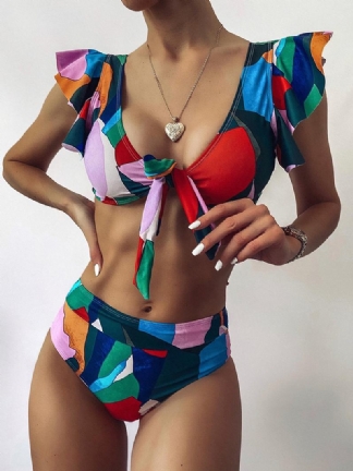 Damskie Bikini Z Geometrycznym Nadrukiem Ruffles Knot Z Wysokim Stanem