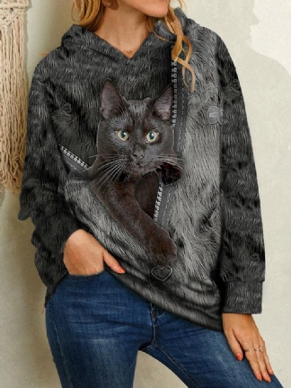 Damskie Bluzy Z Kapturem Z Długim Rękawem Z Kreskówkowym Nadrukiem Z CZarnym Kotem