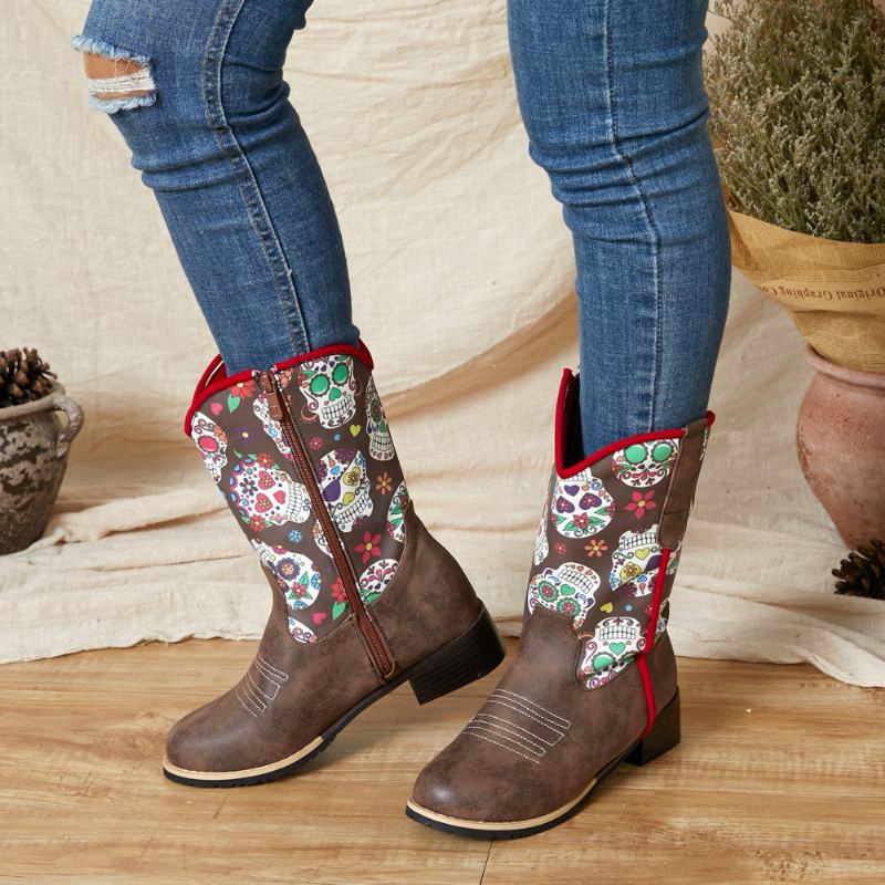 Damskie Buty Kowbojskie Do Połowy Łydki Z Nadrukiem W Kwiaty W Stylu Retro