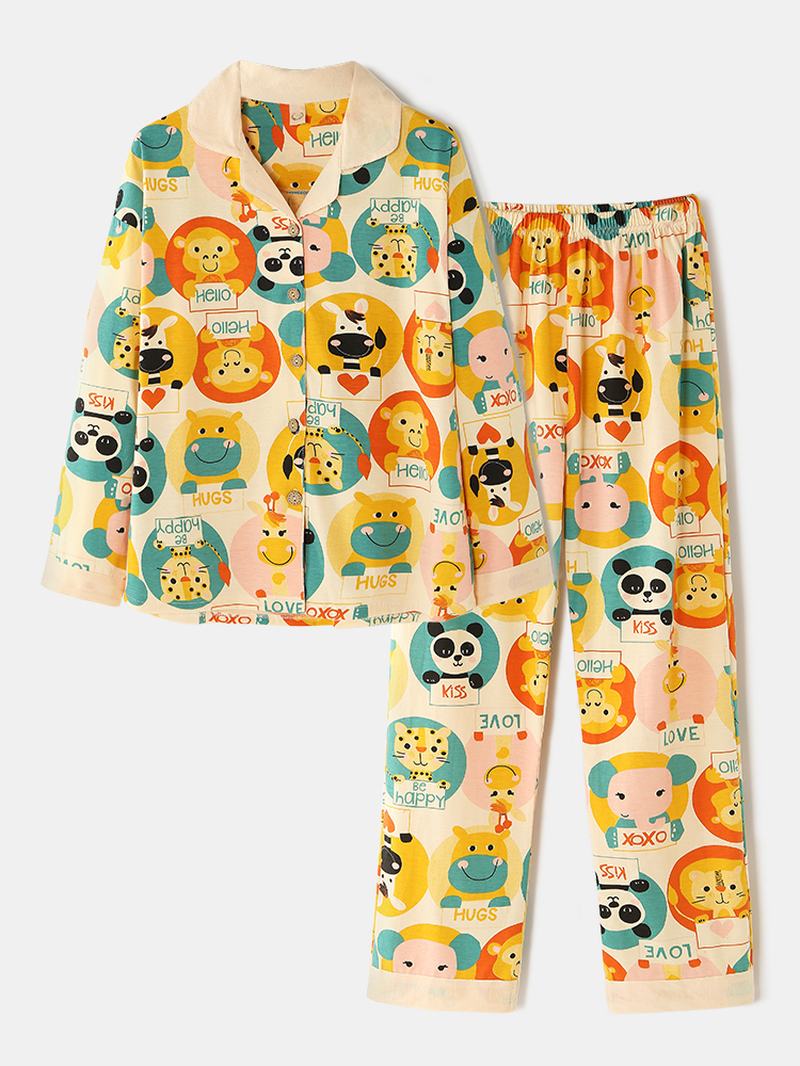 Damskie Cartoon Multi Animal Drukowanie Button Up Z Długim Rękawem W Pasie Home Cotton Piżama Set