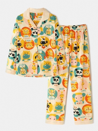 Damskie Cartoon Multi Animal Drukowanie Button Up Z Długim Rękawem W Pasie Home Cotton Piżama Set