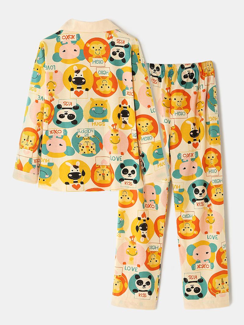 Damskie Cartoon Multi Animal Drukowanie Button Up Z Długim Rękawem W Pasie Home Cotton Piżama Set