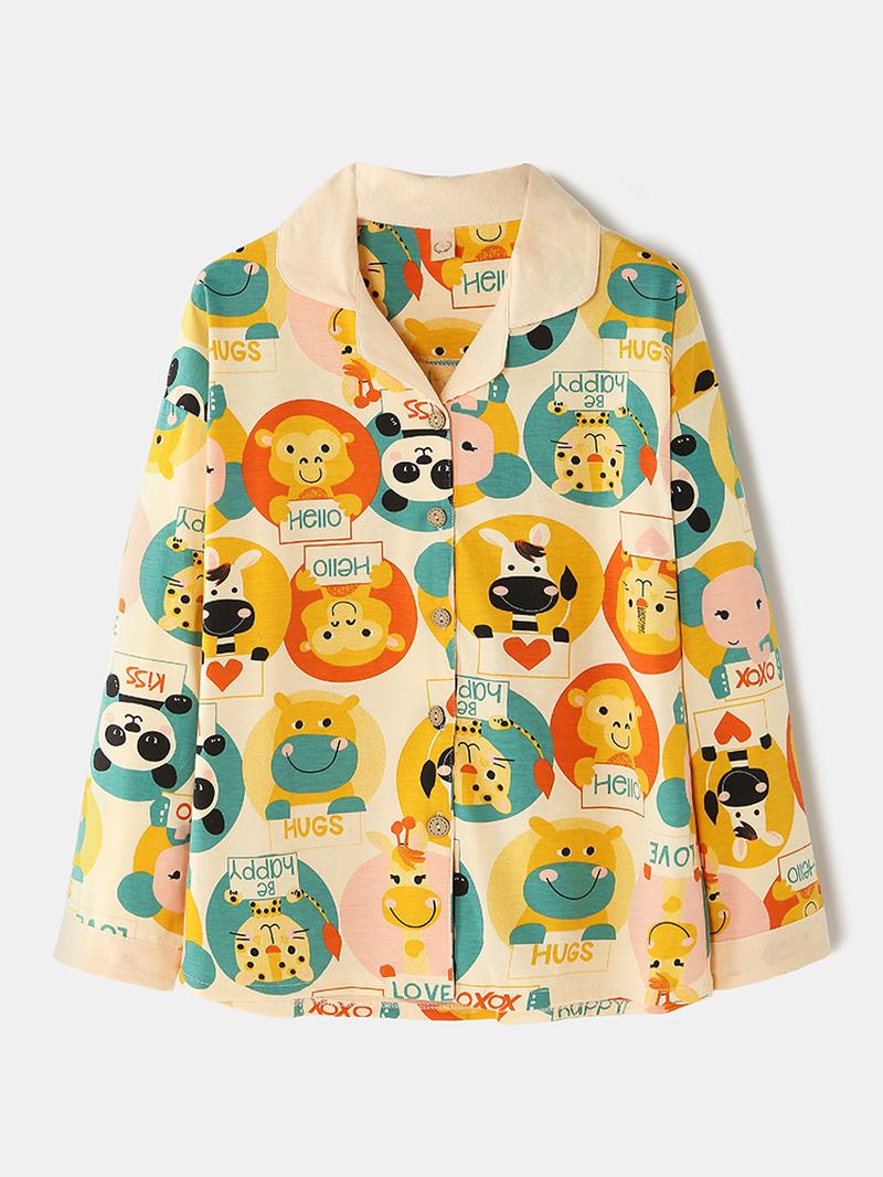 Damskie Cartoon Multi Animal Drukowanie Button Up Z Długim Rękawem W Pasie Home Cotton Piżama Set