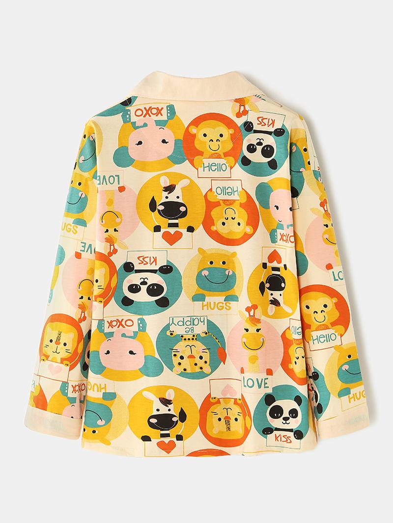 Damskie Cartoon Multi Animal Drukowanie Button Up Z Długim Rękawem W Pasie Home Cotton Piżama Set