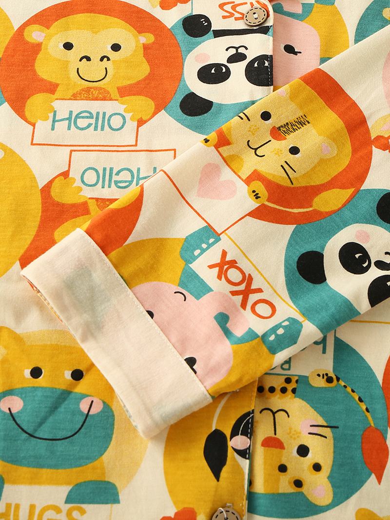 Damskie Cartoon Multi Animal Drukowanie Button Up Z Długim Rękawem W Pasie Home Cotton Piżama Set
