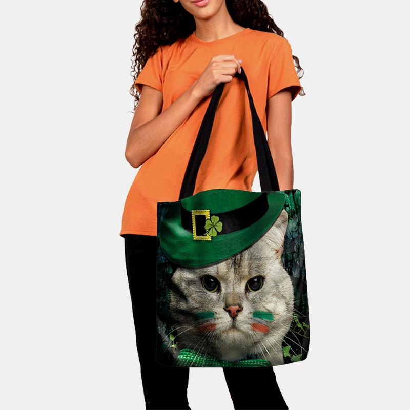 Damskie Clover Kot Pattern Drukowanie Happy St Patrick Day Torba Na Ramię Torebka Tote