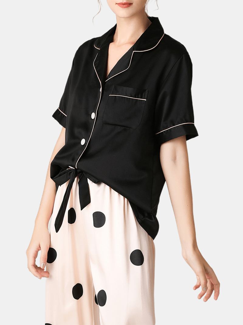Damskie CZarne Spodnie Z Krótkim Rękawem Revere Collar Top W Kropki Faux Silk Home Piżama Set