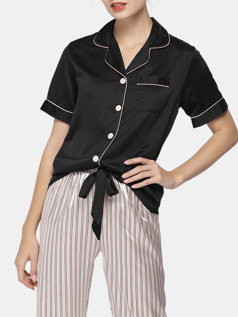 Damskie CZarne Spodnie Z Krótkim Rękawem Revere Collar Top W Kropki Faux Silk Home Piżama Set