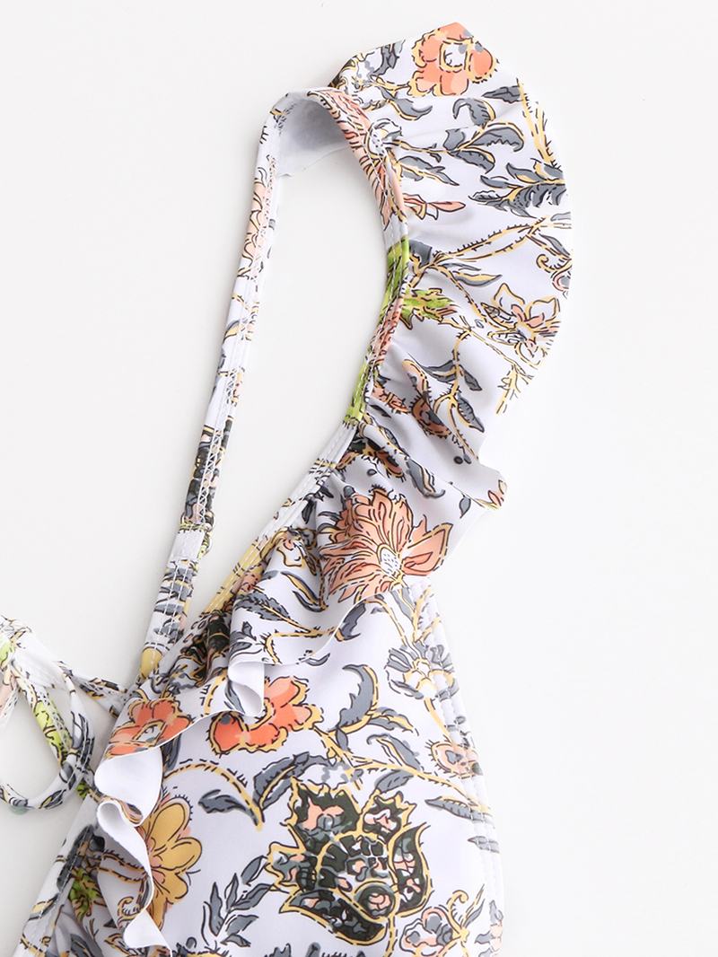 Damskie Design Floral Drukowanie String Ruffles Straps Jednoczęściowe Stroje Kąpielowe Bez Pleców