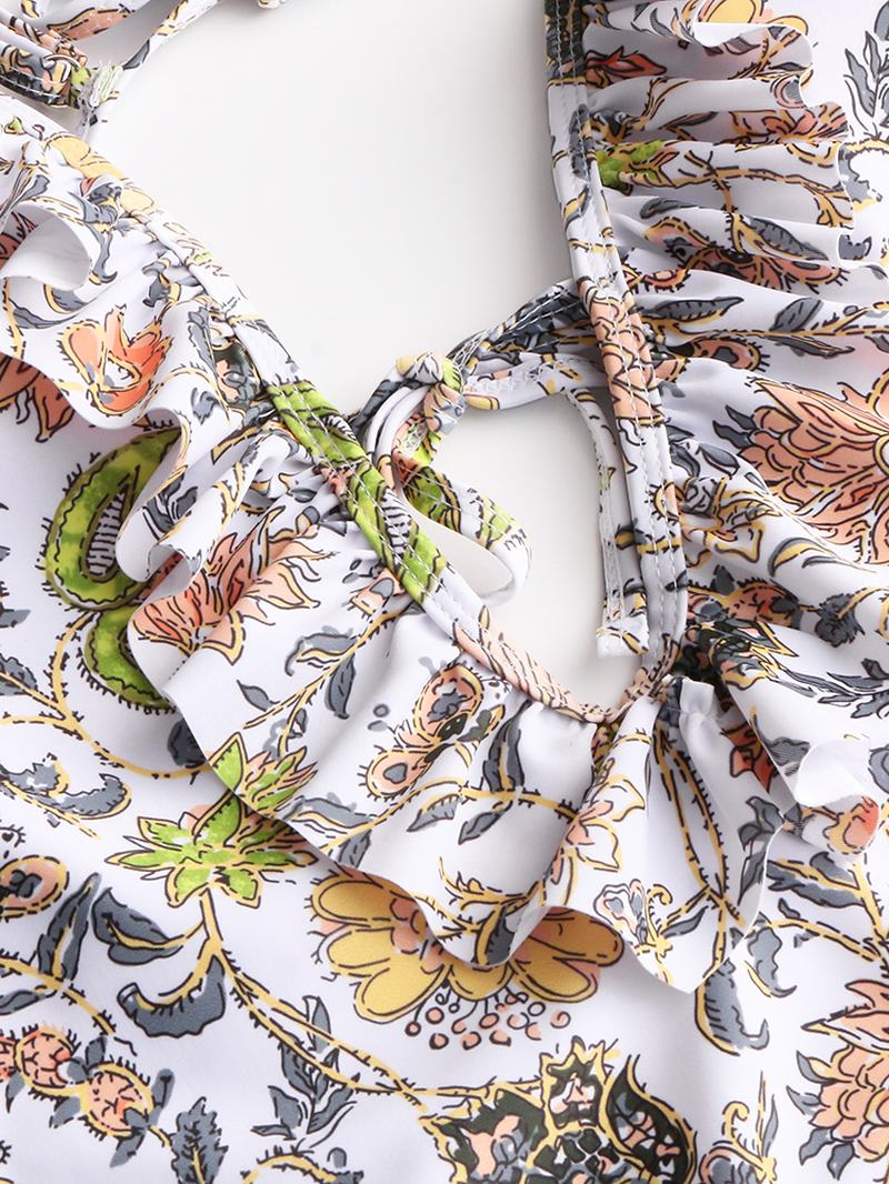 Damskie Design Floral Drukowanie String Ruffles Straps Jednoczęściowe Stroje Kąpielowe Bez Pleców