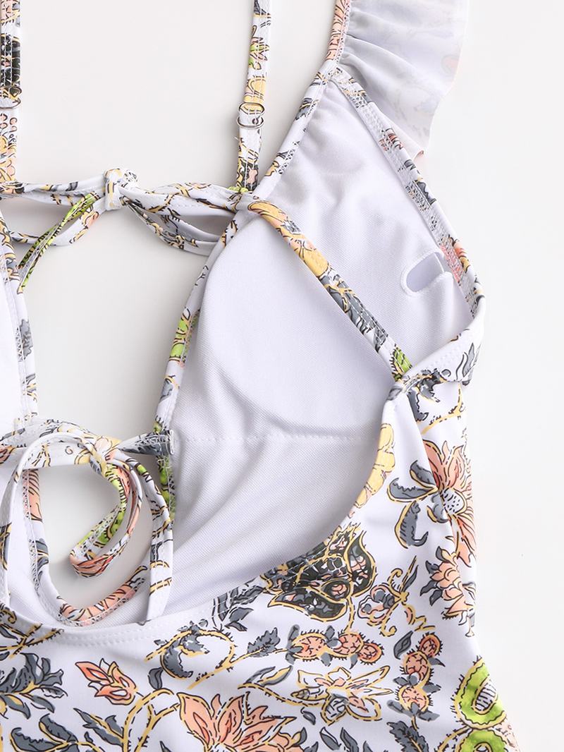 Damskie Design Floral Drukowanie String Ruffles Straps Jednoczęściowe Stroje Kąpielowe Bez Pleców