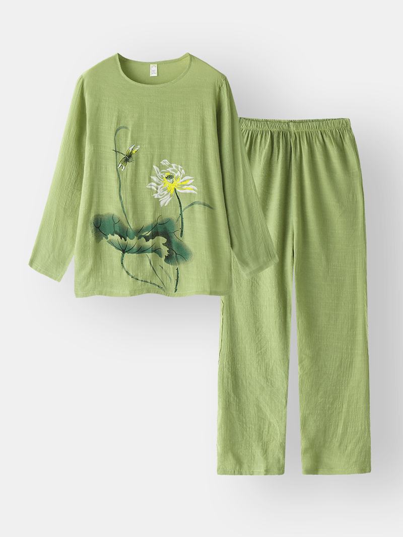 Damskie Drukowanie Cotton Linen Softies Loungewear Long Set O-neck Luźna Oddychająca Piżama