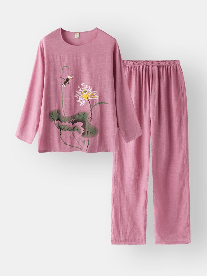 Damskie Drukowanie Cotton Linen Softies Loungewear Long Set O-neck Luźna Oddychająca Piżama