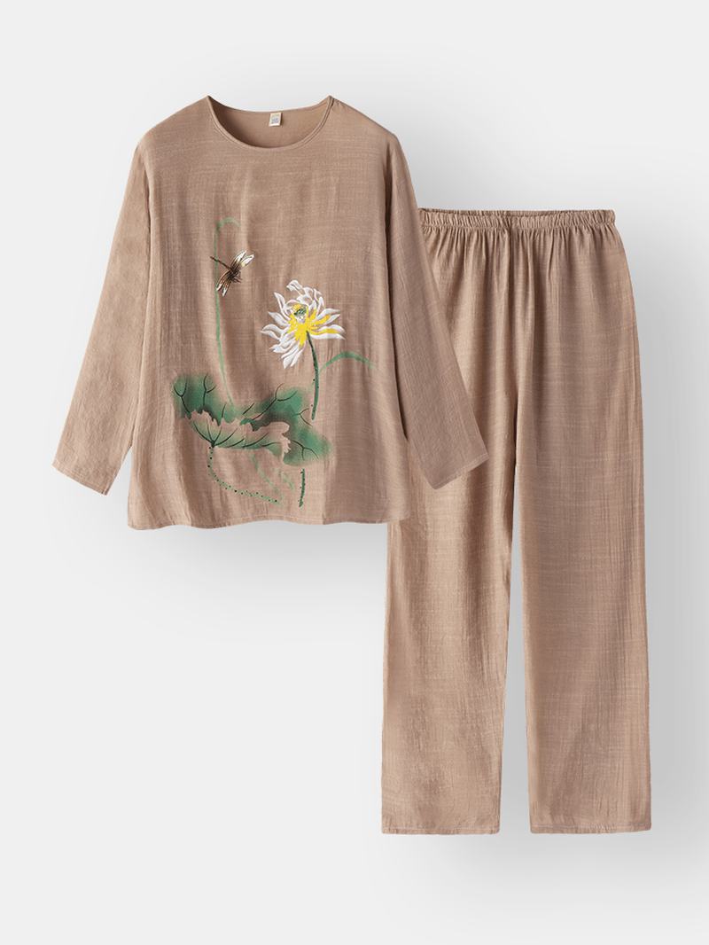 Damskie Drukowanie Cotton Linen Softies Loungewear Long Set O-neck Luźna Oddychająca Piżama