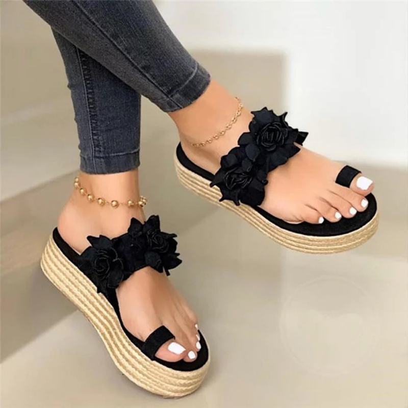 Damskie Espadryle Dekoracja Kwiatowa Toe Ring Casual Beach Sandały Na Platformie