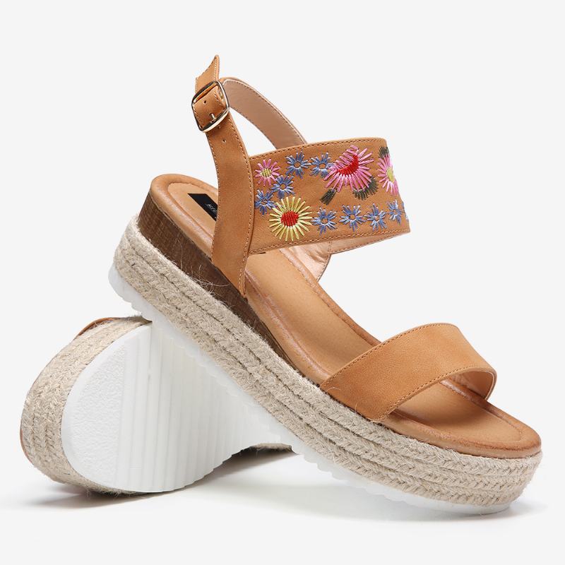 Damskie Espadryle Haftowane Kwiaty Pasek Z Klamrą Slingback Sandały Na Platformie