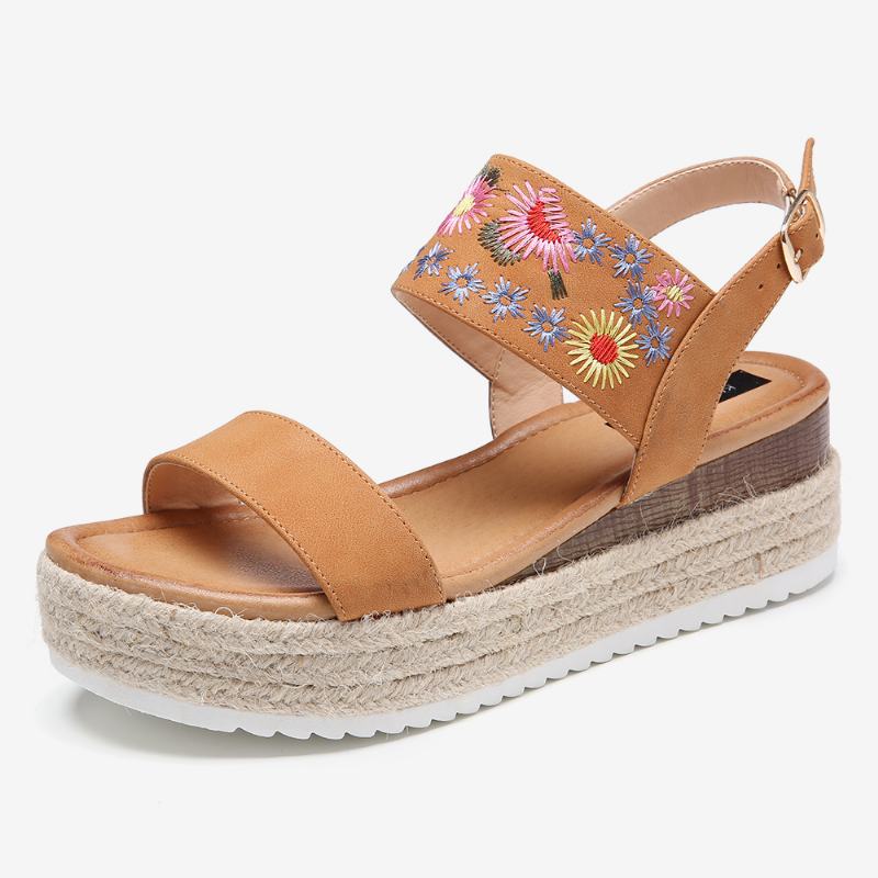 Damskie Espadryle Haftowane Kwiaty Pasek Z Klamrą Slingback Sandały Na Platformie