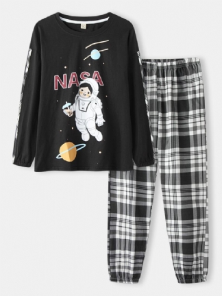 Damskie Girl Astronaut Drukowanie Round Neck Cotton Cuffed Zestawy Piżamowe Ze Spodniami W Kratę