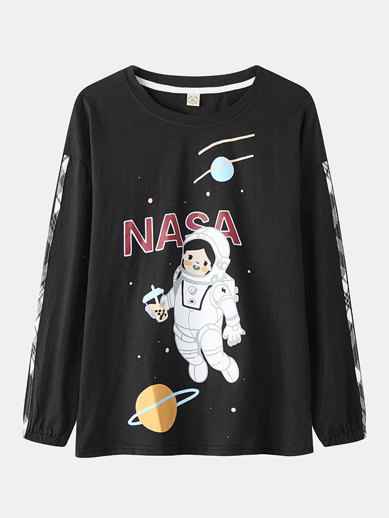 Damskie Girl Astronaut Drukowanie Round Neck Cotton Cuffed Zestawy Piżamowe Ze Spodniami W Kratę