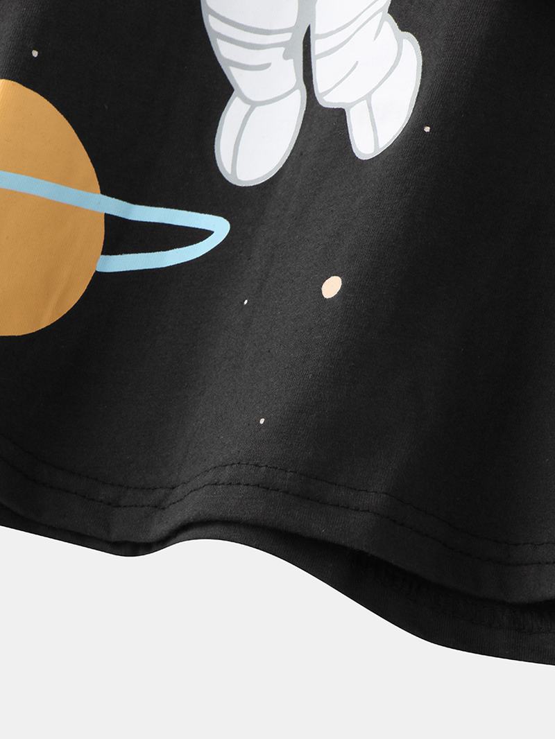 Damskie Girl Astronaut Drukowanie Round Neck Cotton Cuffed Zestawy Piżamowe Ze Spodniami W Kratę