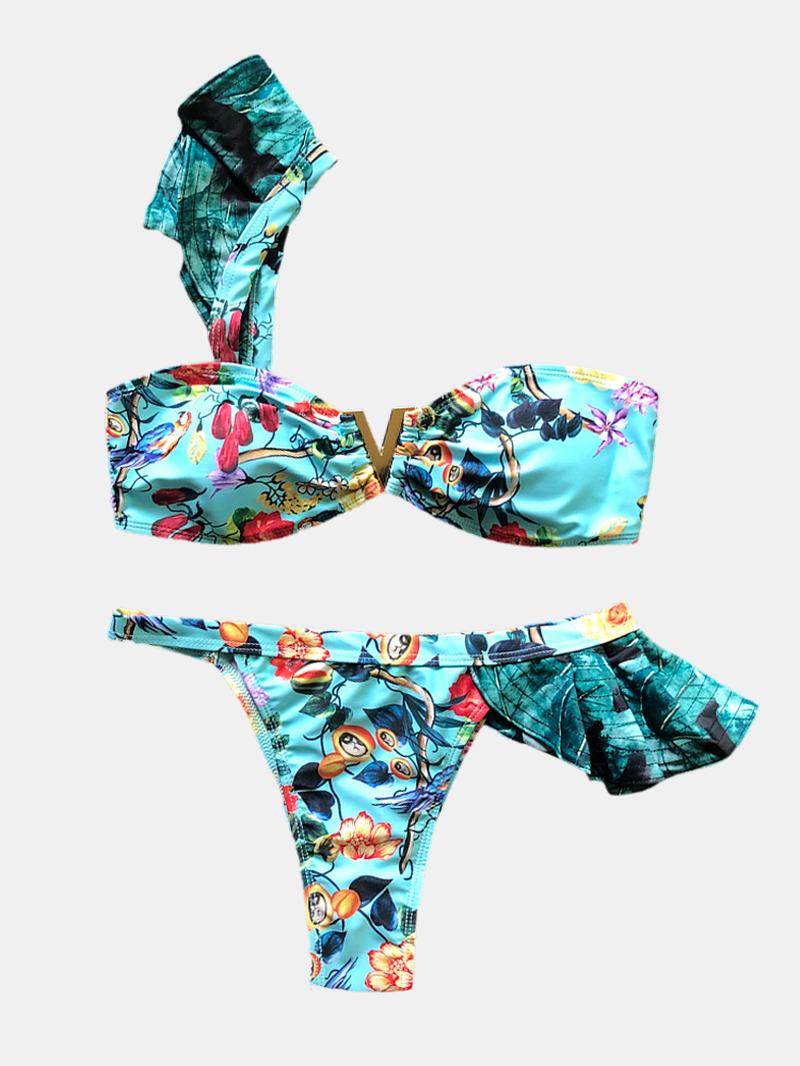 Damskie Jedno Ramię Kwiatowy Nadruk Ruffle Trims Backless Beach Holiday Low Waist Bikini
