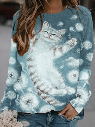 Damskie Kot Kreskówka Wydrukowane Pullover Urocze Bluzy