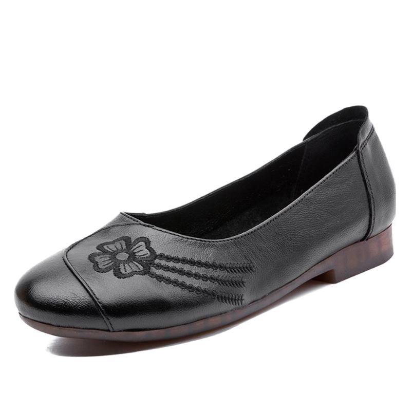 Damskie Krótkie Kwiatowy Wzór Skóra Bydlęca Okrągły Palec U Nogi Miękka Podeszwa Slip On Flats