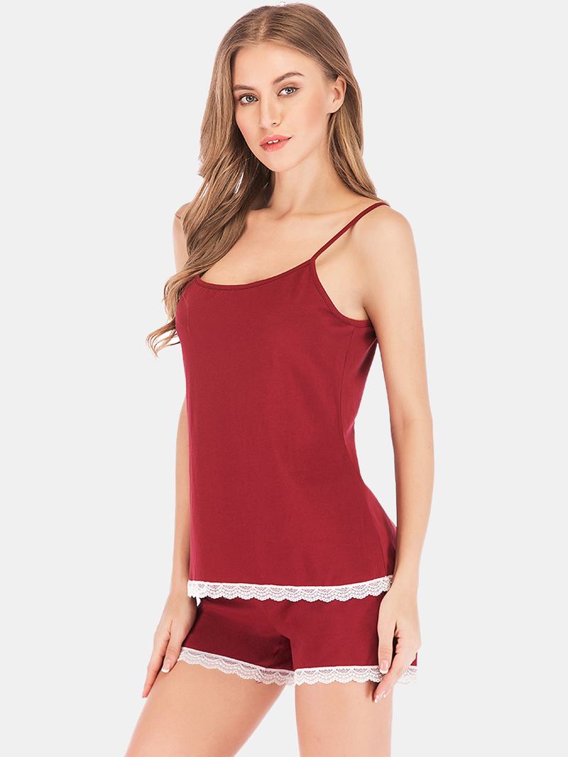 Damskie Loungewear Cotton Sling Lace-trim Casual Piżamy Sleepwear