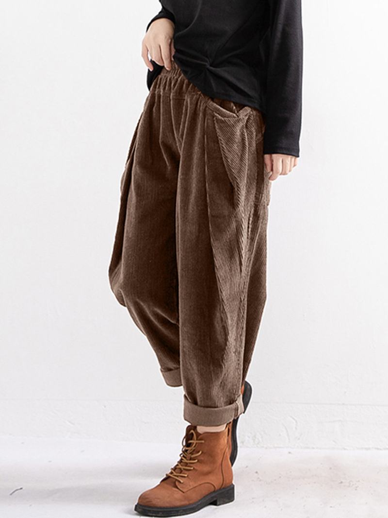 Damskie Luźne Spodnie W Stylu Vintage Sztruksowe Z Kieszeniami