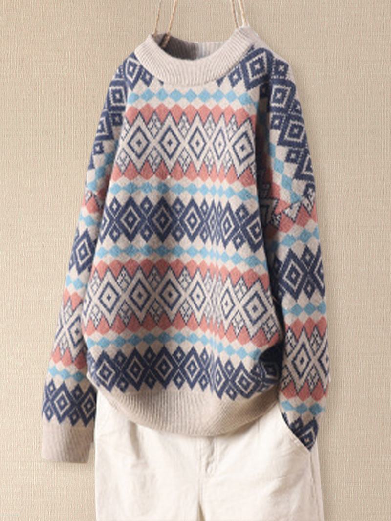 Damskie Luźne Swetry W Stylu Vintage Argyle Z Okrągłym Dekoltem I Żakardową Dzianiną