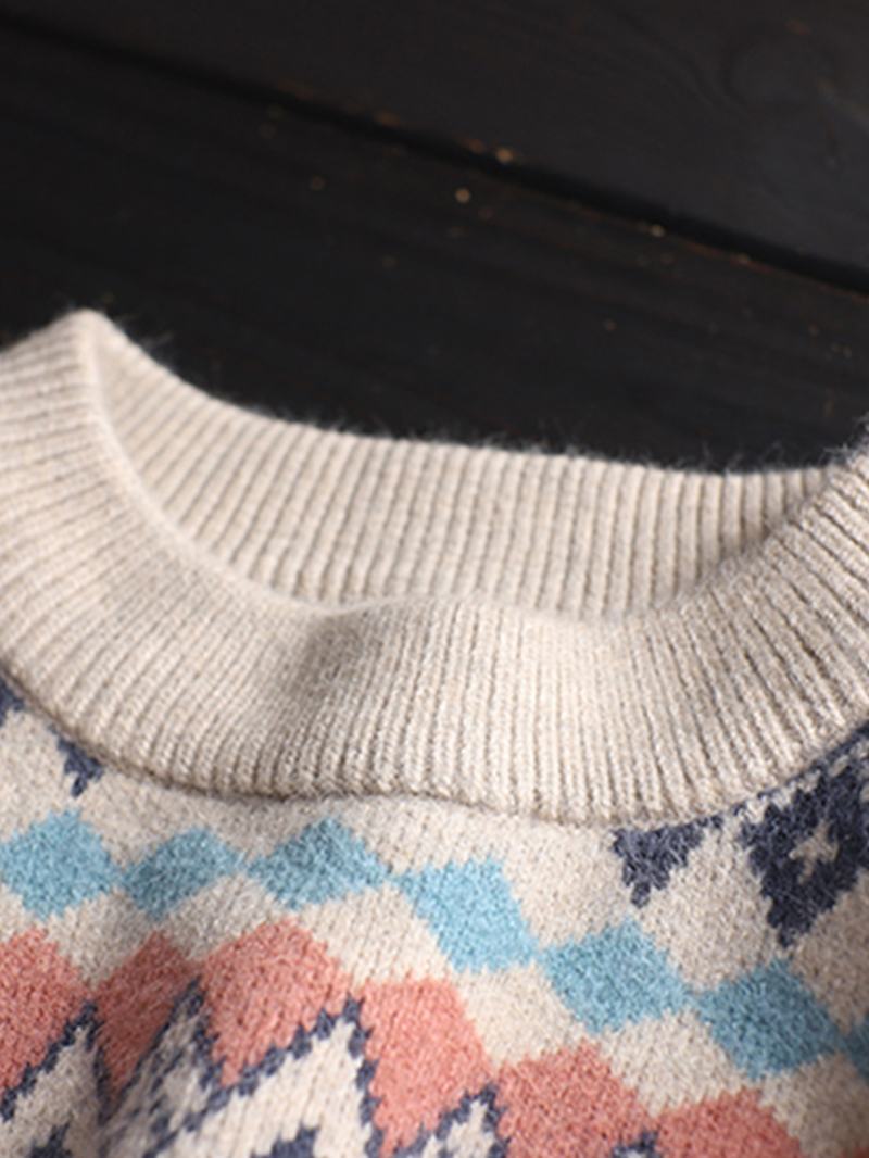 Damskie Luźne Swetry W Stylu Vintage Argyle Z Okrągłym Dekoltem I Żakardową Dzianiną