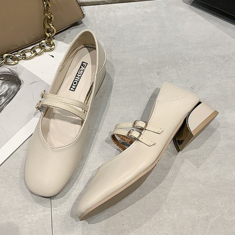 Damskie Okrągłe Toe Solid Color Block Heel Slip On Loafers