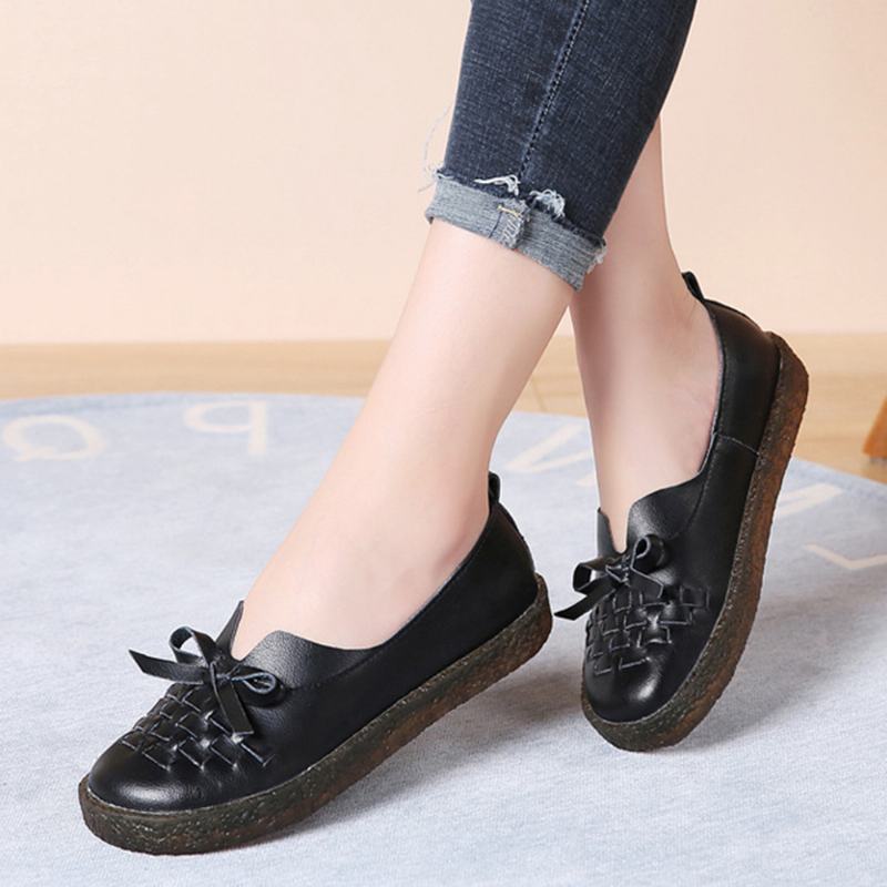 Damskie Skórzane Wsuwane Buty W Jednolitym Kolorze Tkane Bowknot Asakuchi Flats Loafers Shoes