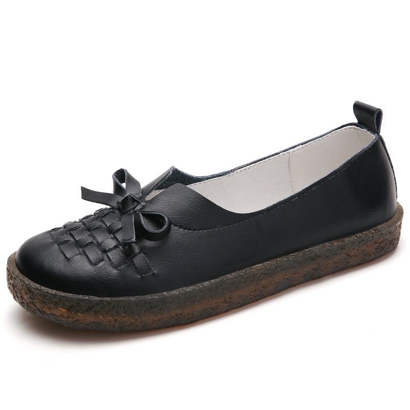 Damskie Skórzane Wsuwane Buty W Jednolitym Kolorze Tkane Bowknot Asakuchi Flats Loafers Shoes