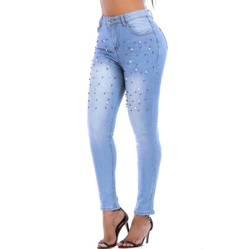 Damskie Spodnie Jeansowe Skinny Pearl Zroszony Przednie Dżinsy Summer Spring Mid Waist Zipper Long Denim Casual Pants